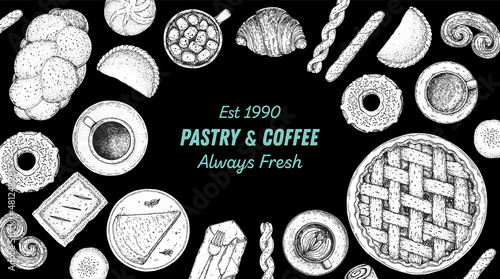 Pastry and coffee. Coffee house menu. Illustration of different baked goods. Hand drawn vector illustration. Bakery sketch. Background template for design. Engraved food image. Top view.