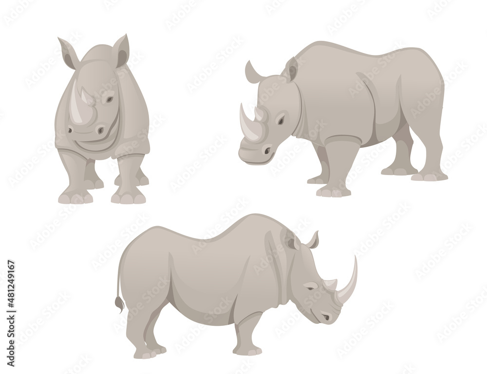 Set of african rhinoceros side view cartoon animal design flat vector illustration isolated on white background