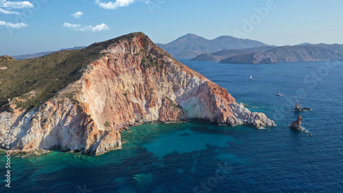 Aerial drone photo of beautiful emerald crystal clear beach and rocky bay of Plathiena, Milos island, Cyclades, Greece