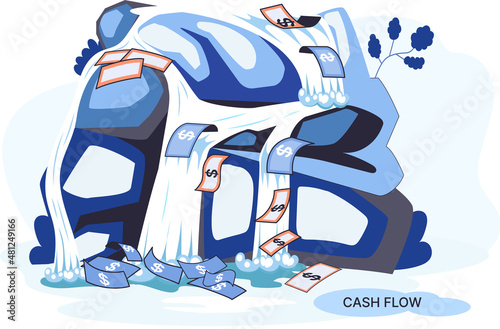 Financial growth, cash flow and business development idea. Investments, income and profit increase concept. Waterfall with money, dollar bills. Financial strategy, profitability vector illustration