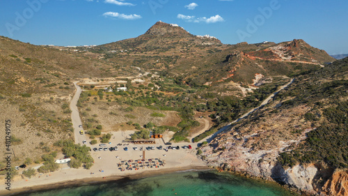 Aerial drone photo of beautiful emerald crystal clear beach and rocky bay of Plathiena  Milos island  Cyclades  Greece