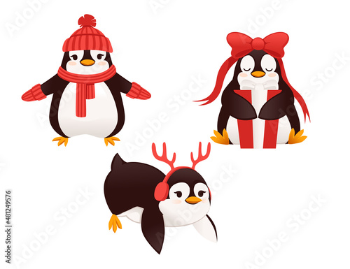 Set of cute penguins dressed in warm winter clothes and building snow man cartoon animal design flat vector illustration