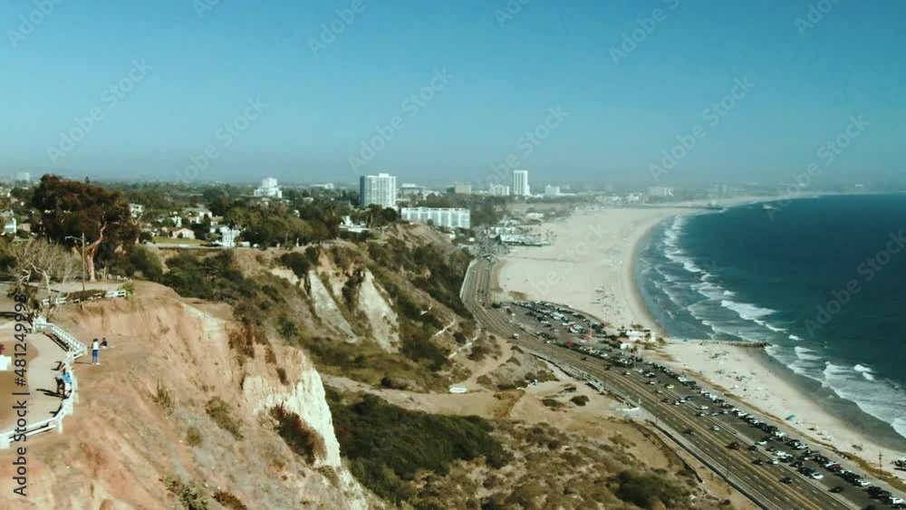 Aerial of View of Santa Monica beach from Palisades Bluff Park