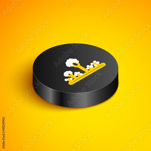 Isometric line Mold icon isolated on yellow background. Black circle button. Vector