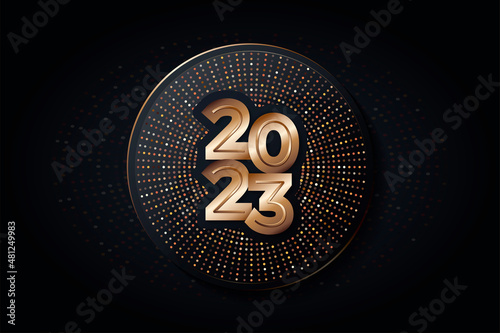 2023 metal sign on glistening disc with copper edges isolated on dark background. New Year banner, greeting card design template with graphics and number of year. Vector illustration in luxury style