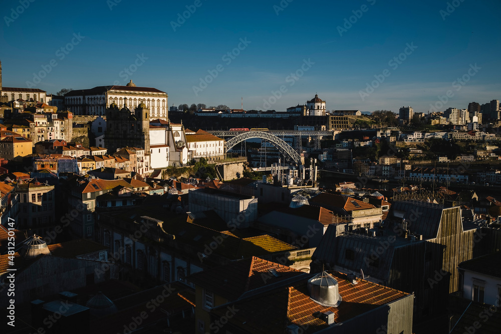 Top view of the Porto old town, Dom Luis I Bridge across the Douro River and Vila Nova de Gaia banks, Portugal.