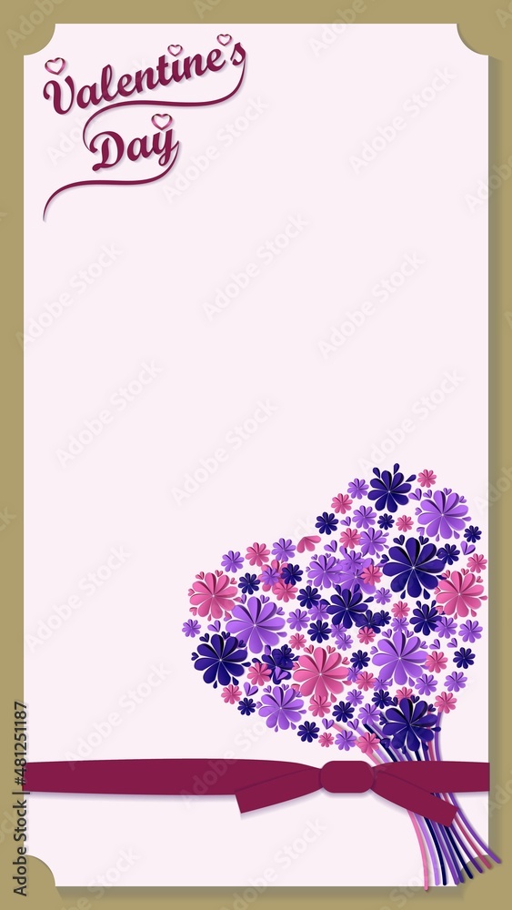 Obraz premium Valentine's Day. Bouquet of paper flowers in the shape of heart. Vertical template design for banners, posters, flyers, greeting cards, social media. Vector illustration isolated on white background