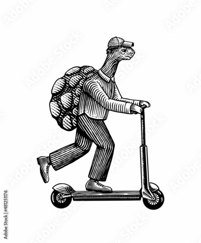 A turtle man in a suit rides a scooter. Food delivery man. Fashion animal character. Hand drawn woodcut outline sketch. Vector engraved illustration for logo and tattoo or T-shirts.