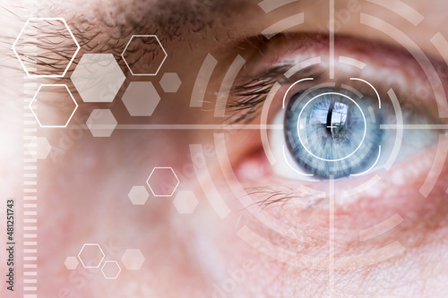 Eye monitoring and eye scan . Biometric iris scan of male eye close up. photo