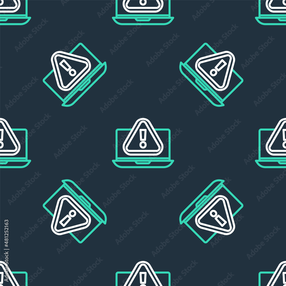 Line Laptop with exclamation mark icon isolated seamless pattern on black background. Alert message smartphone notification. Vector Line Laptop with exclamation mark icon isolated seamless pattern on black background. Alert message smartphone notification. Vector