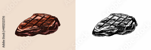 Grilled meat steak, BBQ Pork or beef Barbecue. Food in vintage style. Template for restaurant menu, emblems or badges. Hand drawn sketch.
