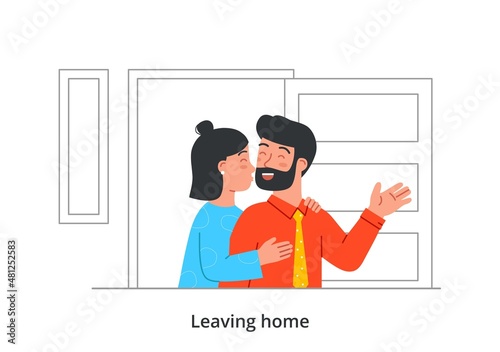 Leaving home concept. Happy wife accompanies smiling bearded husband to work. Woman kisses her husband on cheek in doorway. Spouses show tenderness. Cartoon contemporary flat vector illustration