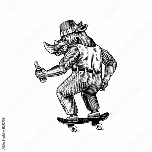 A rhinoceros man in a T-shirt and jeans, a skateboarder rides a board and holds a soda.. Fashion animal character. Hand drawn woodcut outline sketch. Vector engraved illustration for logo and tattoo.