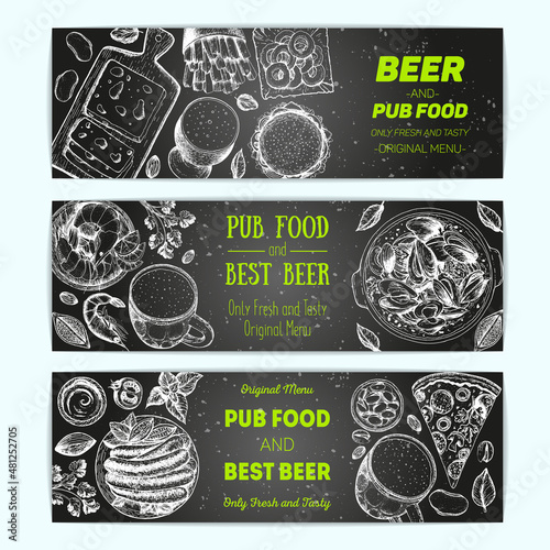 Banner set for beer pub or beer restaurant. Vector illustration in sketch style. Hand drawn banners. Engraved style image.