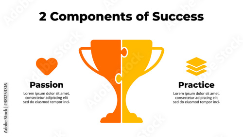 Puzzle winner cup infographic. 2 components of success - passion and practice. Presentation slide template. Competition victory. Sport concept. Trophy symbol.