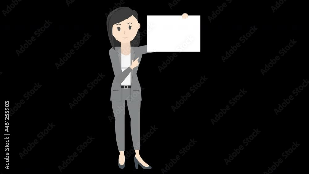 Business woman holding and presenting on white blank board with empty space, illustration animation in Alpha Channel, transparent background Business woman holding and presenting on white blank board with empty space, illustration animation in Alpha Channel, transparent background