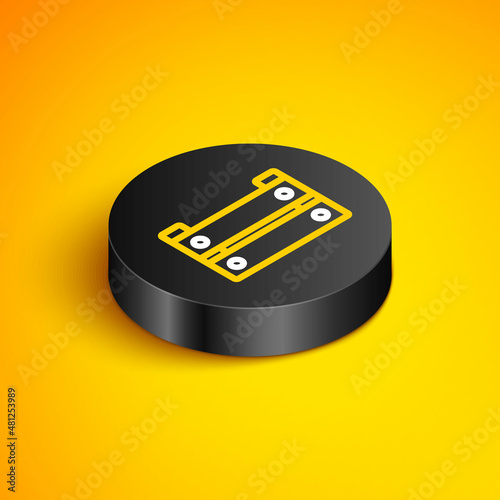 Isometric line Wooden box icon isolated on yellow background. Grocery basket, storehouse crate. Empty wooden container for vegetables, products. Black circle button. Vector