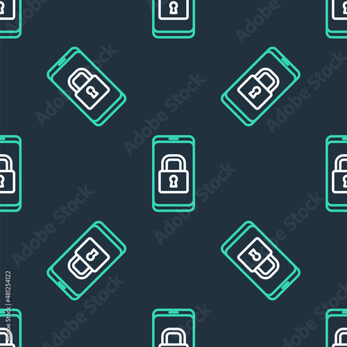 Line Smartphone with closed padlock icon isolated seamless pattern on black background. Phone with lock. Mobile security, safety, protection concept. Vector © vector_v