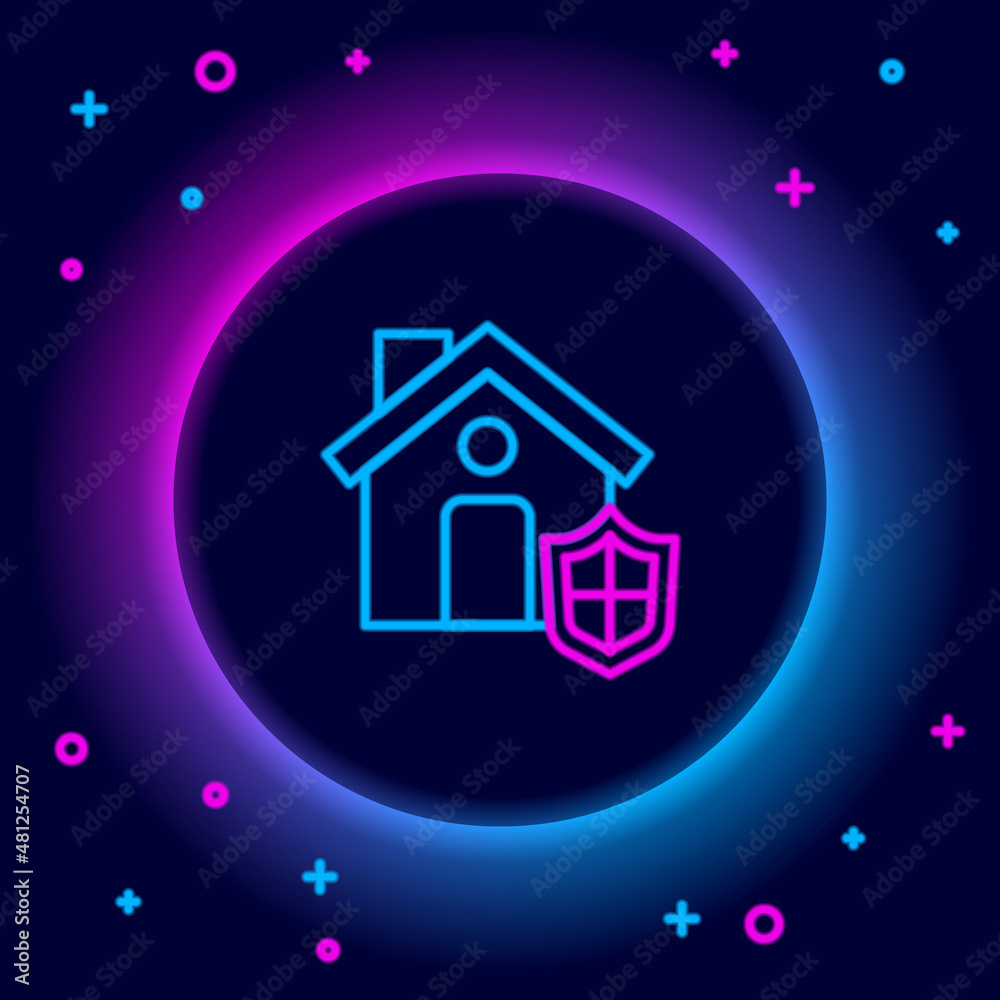 Glowing neon line House with shield icon isolated on black background. Insurance concept. Security, safety, protection, protect concept. Colorful outline concept. Vector Glowing neon line House with shield icon isolated on black background. Insurance concept. Security, safety, protection, protect concept. Colorful outline concept. Vector