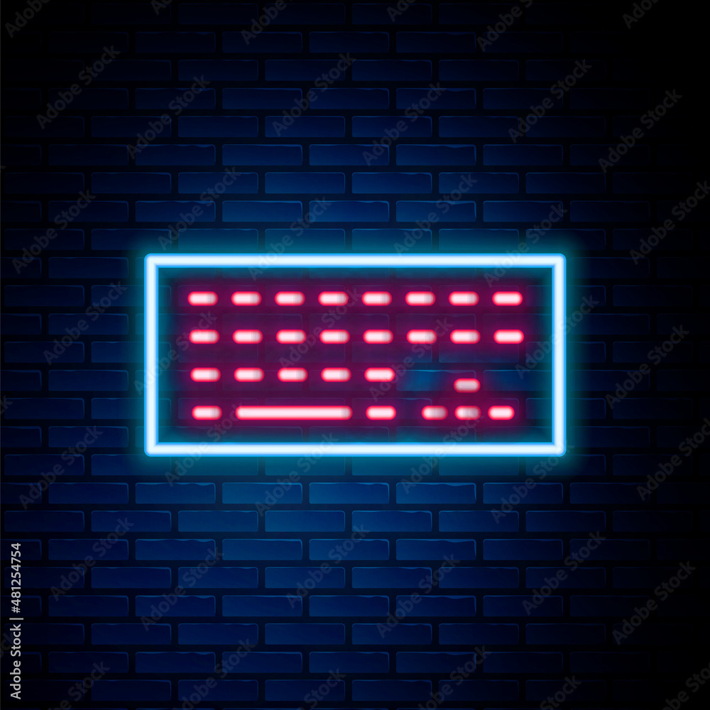 Glowing neon line Computer keyboard icon isolated on brick wall background. PC component sign. Colorful outline concept. Vector