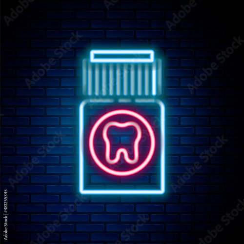 Glowing neon line Toothache painkiller tablet icon isolated on brick wall background. Tooth care medicine. Capsule pill and drug. Pharmacy design. Colorful outline concept. Vector