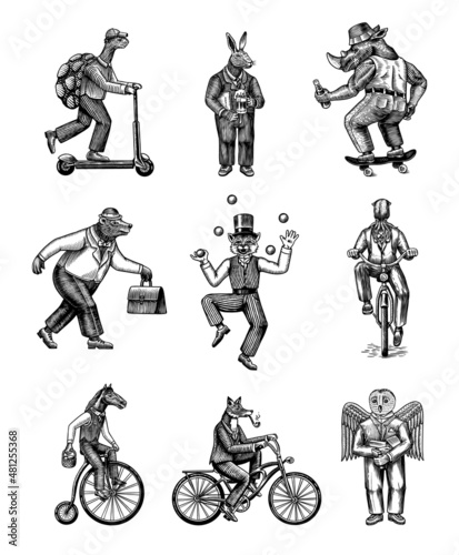 Fox on a bicycle, Cat juggler, turtle on a scooter. Bear, horse, hare, Owl, Squid. Fashion Animal characters set. Hand drawn sketch. Vector engraved illustration for label, logo and T-shirts.