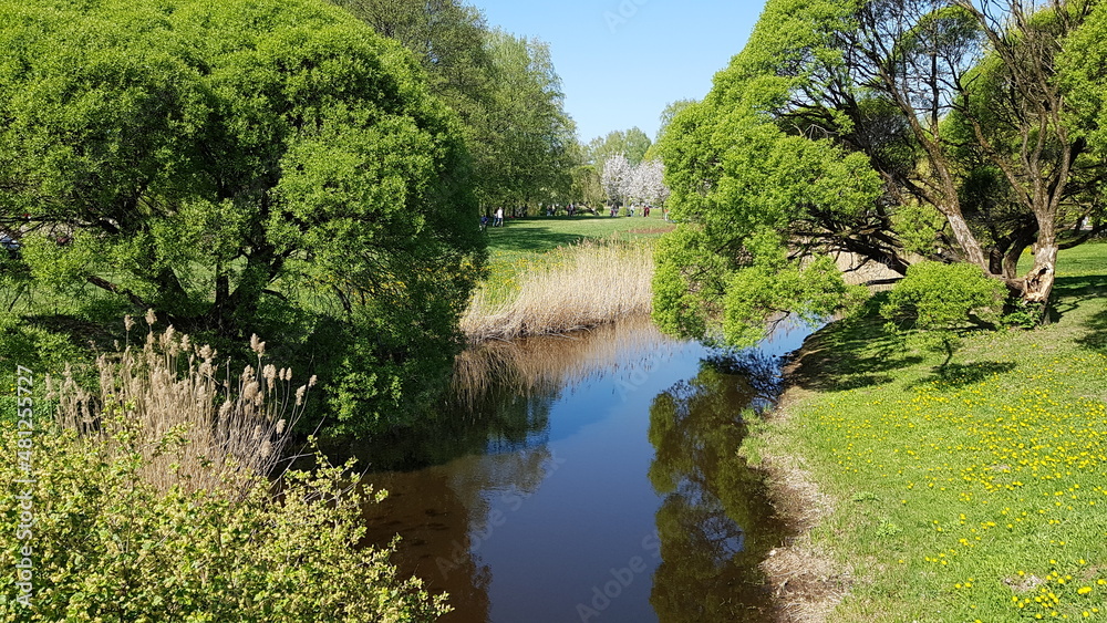 Small river flows through green meadows and trees on sunny spring day Small river flows through green meadows and trees on sunny spring day
