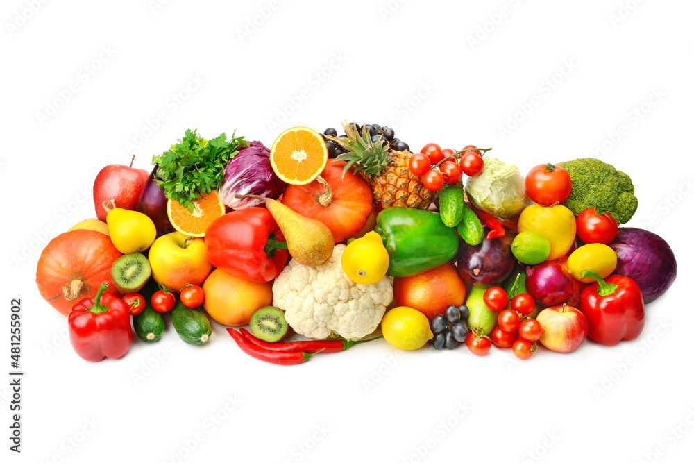 fruits and vegetables isolated on white background.
