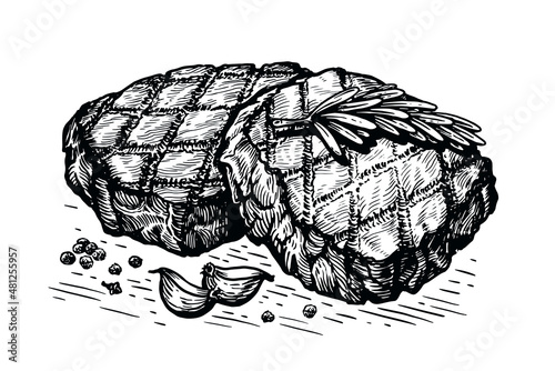Sketch hand drawn grilled steak with pepper and garlic. Barbecue cooking, meat vector illustration