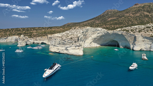 Aerial drone photo of Kleftiko a beautiful scenic white volcanic rock formation bay visited by sail boats and yachts with turquoise crystal clear sea and caves  Sea Meteora of Greece  Milos island