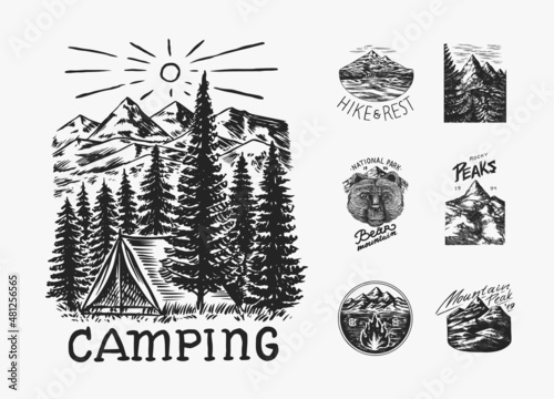Mountains peaks. Forest Trees and tent and sun. Nature landscape with fir trees. Camping logolabel. Adventure. Badge on the chalkboard. Hand drawn old vintage pin. Sketch in engraved outline style.