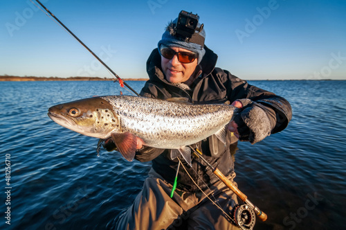 Silver sea trout trophy at evening