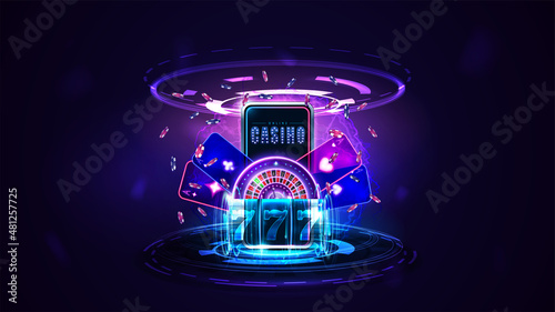 Online casino, banner with smartphone, shine neon Casino Roulette wheel, playing cards, blue neon shine slot machine and poker chips in dark scene with hologram of digital rings