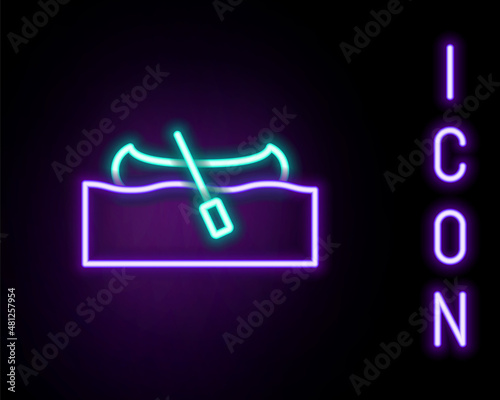 Glowing neon line Kayak and paddle icon isolated on black background. Kayak and canoe for fishing and tourism. Outdoor activities. Colorful outline concept. Vector