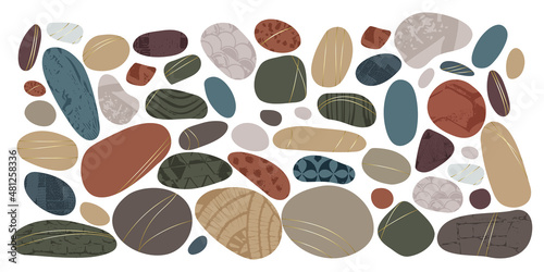 Abstract pebble mosaic nature color pieces on white background. Granite fragments with gold texture. Stones and rocks color texture. Pebble of various geometric shapes. Flat vector illustration