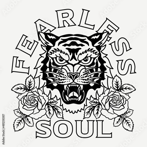 Black and White Tiger with Roses Illustration with A Slogan Artwork on White Background for Apparel or Other Uses