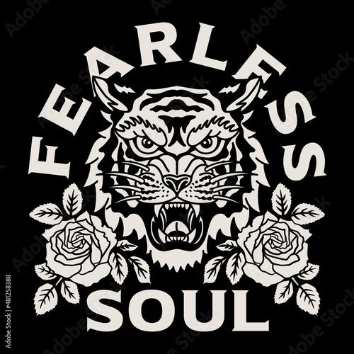 Black and White Tiger with Roses Illustration with A Slogan Artwork on Black Background for Apparel or Other Uses