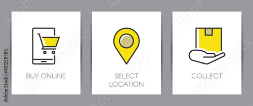 Buy online, select location collection and collect order. Shopping online concept. Web page template. Metaphors with icons.