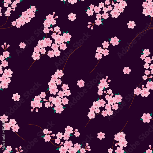 Floral seamless pattern. Sakura flowers. Vector endless dark red background with blossom. Spring design with floral elements