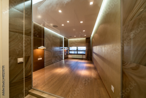Bright, comfortable, modern wardrobe. Modern apartment interior with empty brown wardrobe. Repair concept
