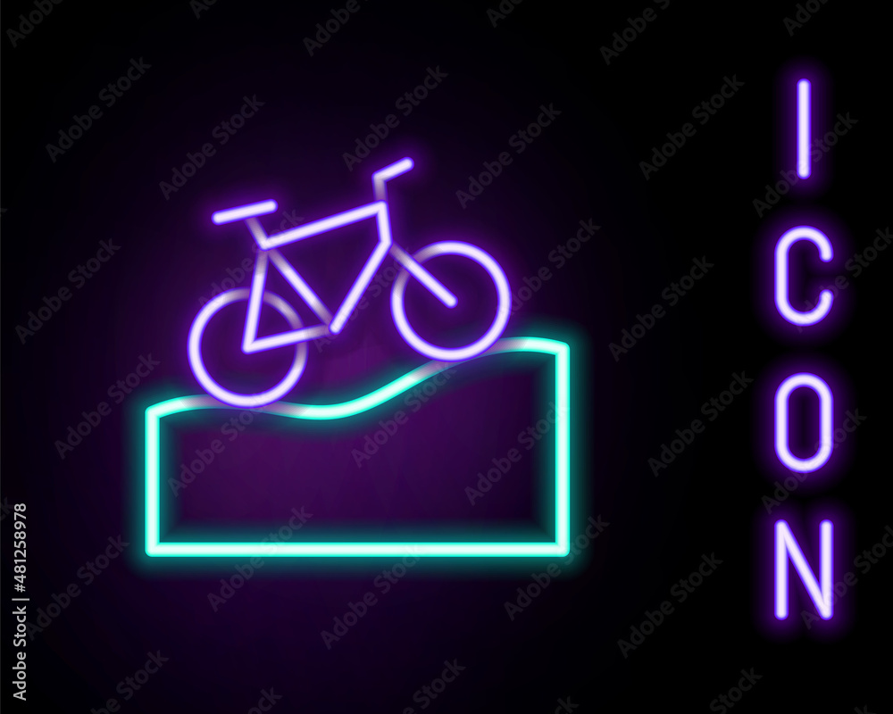 Glowing neon line Mountain bicycle icon isolated on black background. Bike race. Extreme sport. Sport equipment. Colorful outline concept. Vector