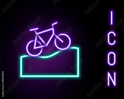 Glowing neon line Mountain bicycle icon isolated on black background. Bike race. Extreme sport. Sport equipment. Colorful outline concept. Vector