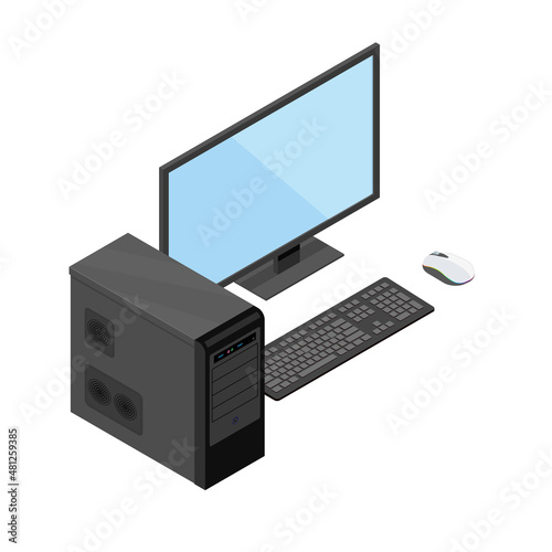 Desktop computer with monitor system unit and mouse isometric illustration photo