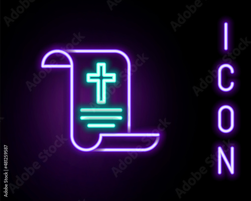 Glowing neon line Decree, paper, parchment, scroll icon icon isolated on black background. Chinese scroll. Colorful outline concept. Vector