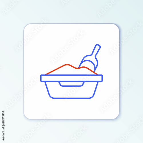 Line Cat litter tray with shovel icon isolated on white background. Sandbox cat with shovel. Colorful outline concept. Vector