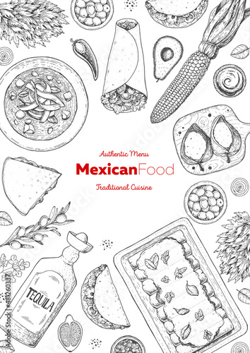 Mexican food top view frame. A set of mexican dishes with enchiladas, burritos, tortilla soup, poblanos, tacos. Food menu design template. Vintage hand drawn sketch vector illustration.Mexican cuisine
