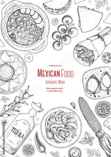 Mexican food top view frame. A set of mexican dishes with pozole, quesadillas, tacos, burrito. Food menu design template. Vintage hand drawn sketch vector illustration. Mexican cuisine engraved image.