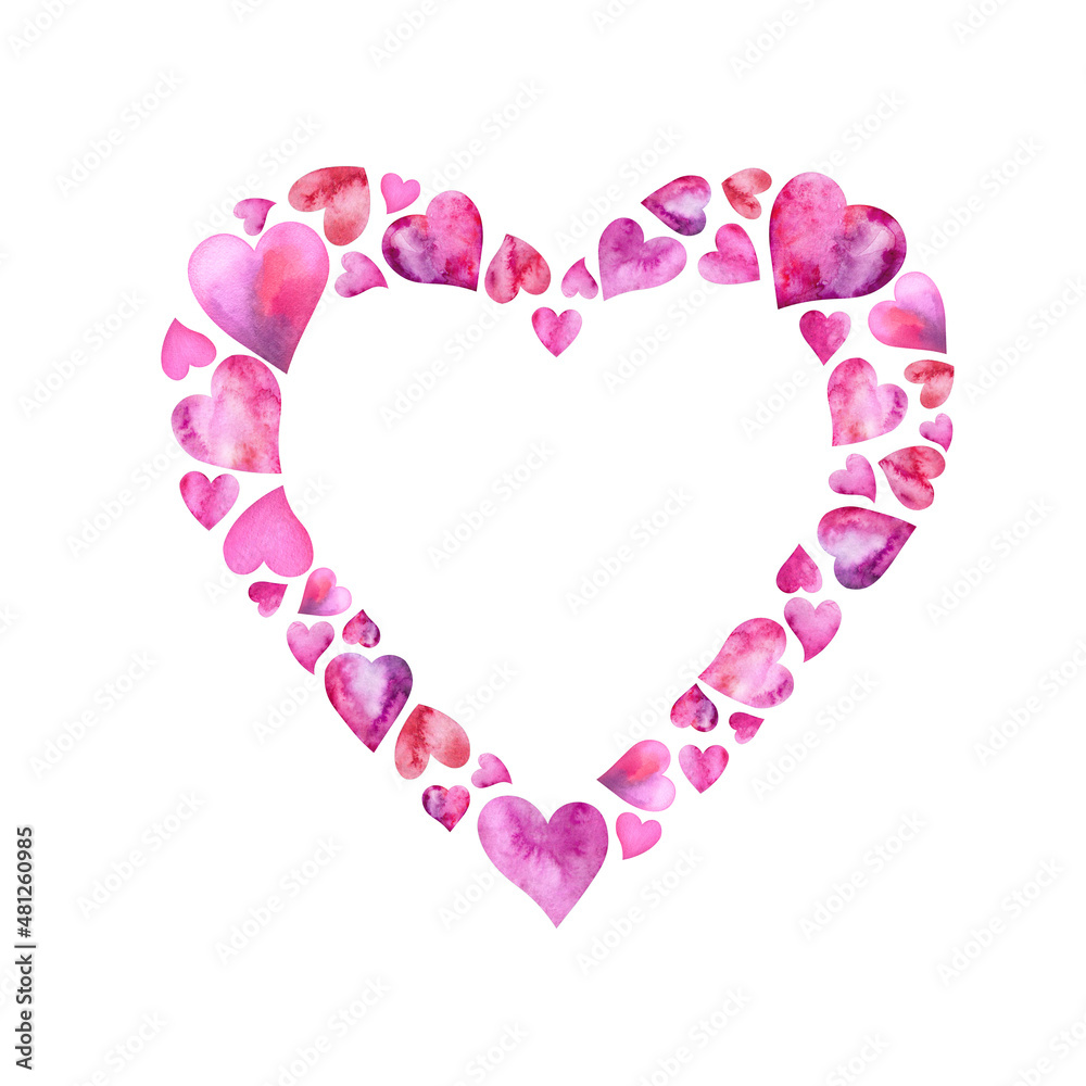 Watercolor composition of pink hearts on white background. Frame, wreath, border. Greeting card, poster, banner with space for text.