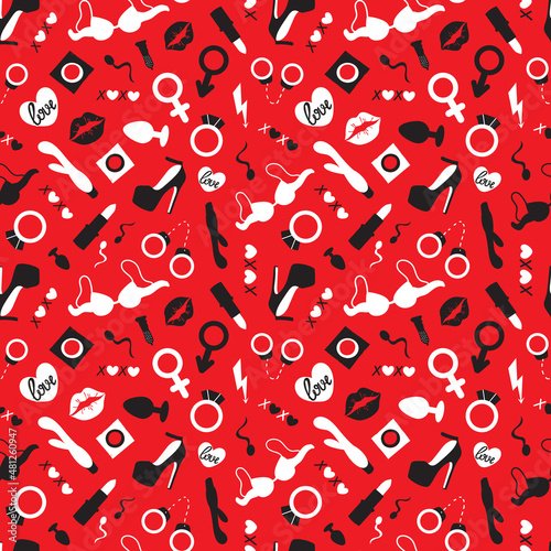 Bright seamless Valentine's Day pattern with sex toys for adults. Vector illustration