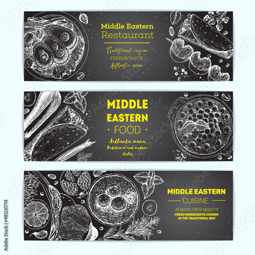 Middle eastern cuisine, banner set. Food menu design with hummus, kebab, shawarma, gefilte fish, matzoh ball soup. Vintage sketch vector illustration. Middle eastern traditional food